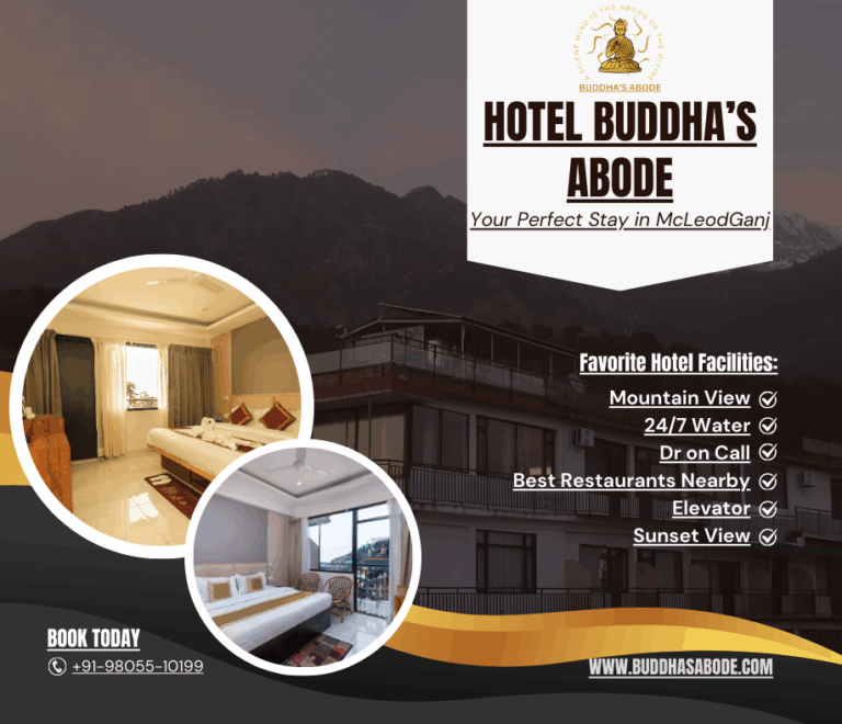 Hotel Buddha’s Abode in McLeodGanj with mountain views and peaceful ambience, ideal for stays near Dalai Lama Temple.