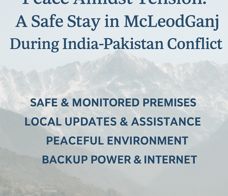 Promotional graphic for Hotel Buddha’s Abode assuring a safe and peaceful stay during the India-Pakistan conflict, highlighting comfort, security, and scenic views in McLeodGanj.