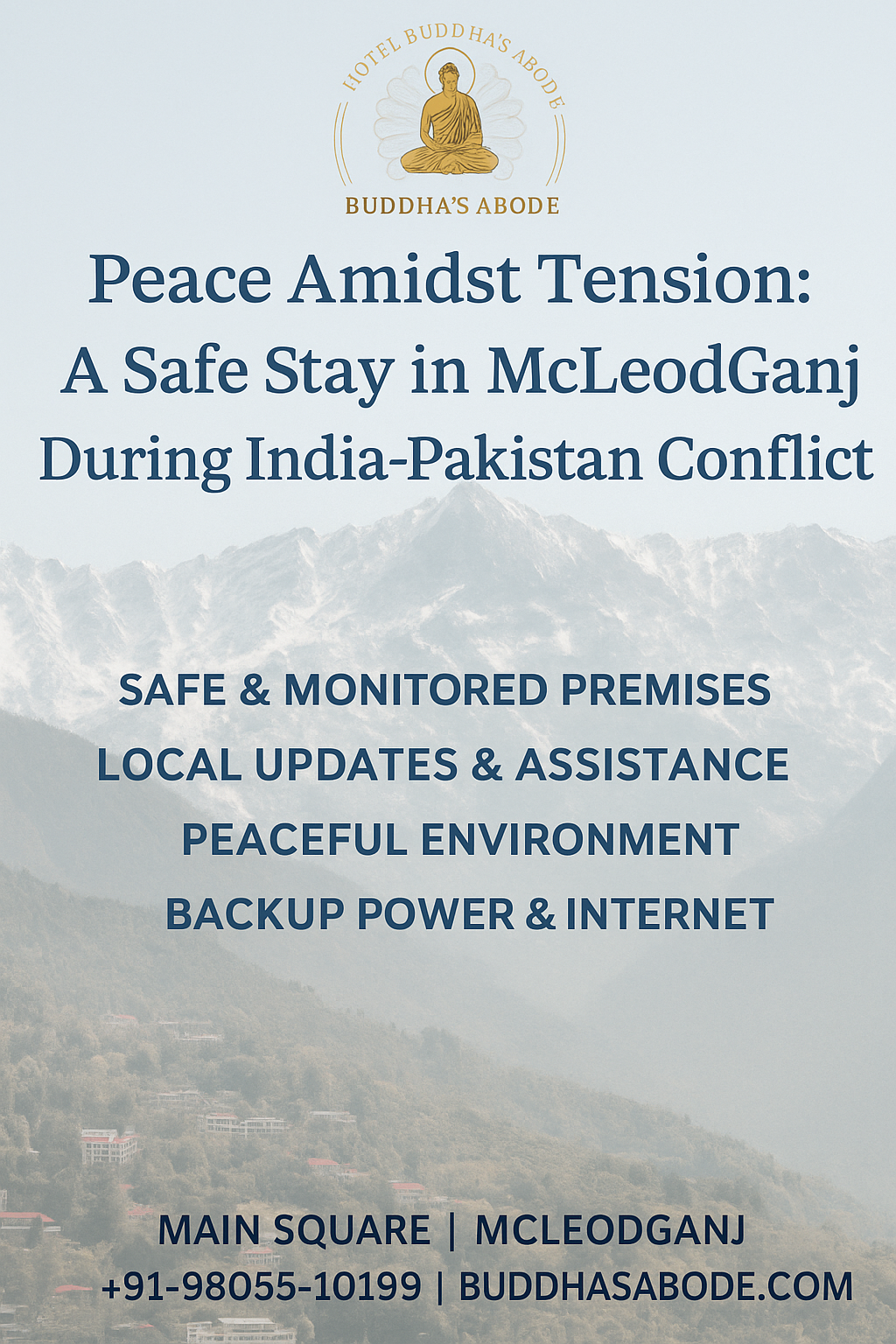 Promotional graphic for Hotel Buddha’s Abode assuring a safe and peaceful stay during the India-Pakistan conflict, highlighting comfort, security, and scenic views in McLeodGanj.